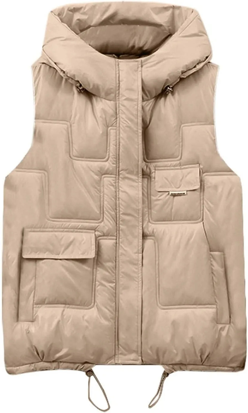 Women Casual Solid Coat Jacket Hooded Vest Zipper Pocket Loose Sleeveless Cotton Padded Coat Monogrammed Vest