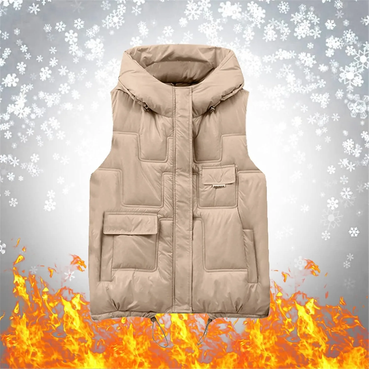 Women Casual Solid Coat Jacket Hooded Vest Zipper Pocket Loose Sleeveless Cotton Padded Coat Monogrammed Vest