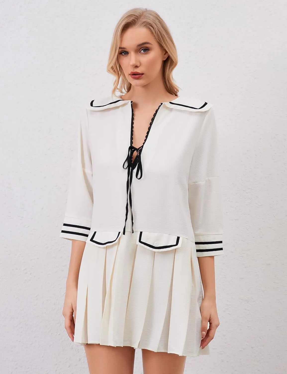 Women Cute Pleated V Neck Mini Dress Summer Casual Loose Binding 3/4 Sleeve Short Dress Girls Babydoll A line Sundress