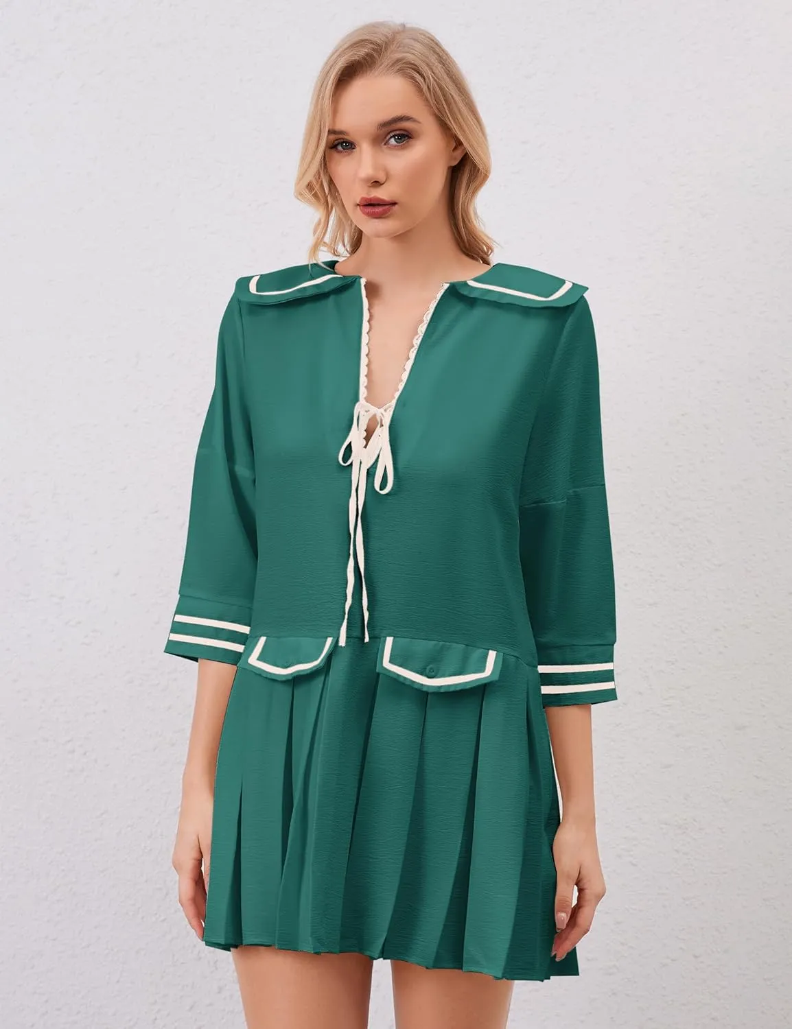 Women Cute Pleated V Neck Mini Dress Summer Casual Loose Binding 3/4 Sleeve Short Dress Girls Babydoll A line Sundress