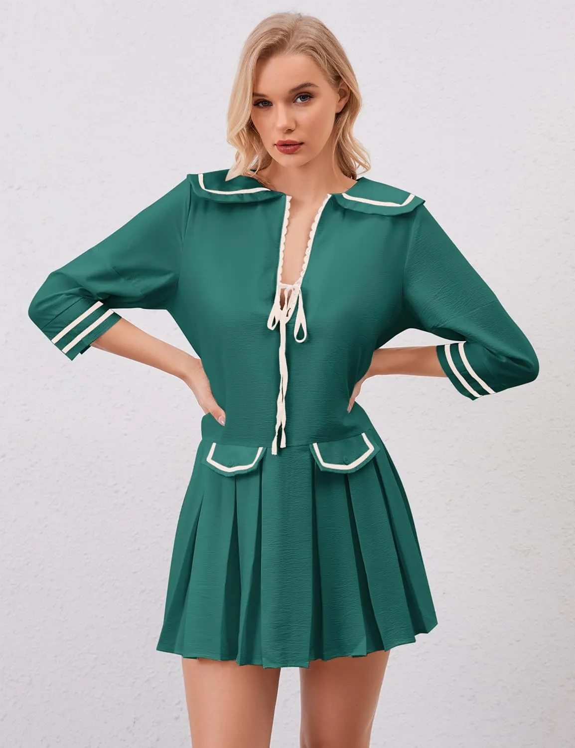 Women Cute Pleated V Neck Mini Dress Summer Casual Loose Binding 3/4 Sleeve Short Dress Girls Babydoll A line Sundress