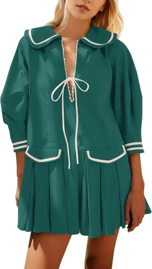 Women Cute Pleated V Neck Mini Dress Summer Casual Loose Binding 3/4 Sleeve Short Dress Girls Babydoll A line Sundress