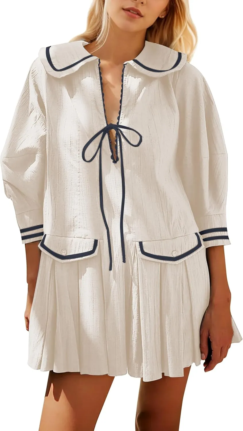 Women Cute Pleated V Neck Mini Dress Summer Casual Loose Binding 3/4 Sleeve Short Dress Girls Babydoll A line Sundress