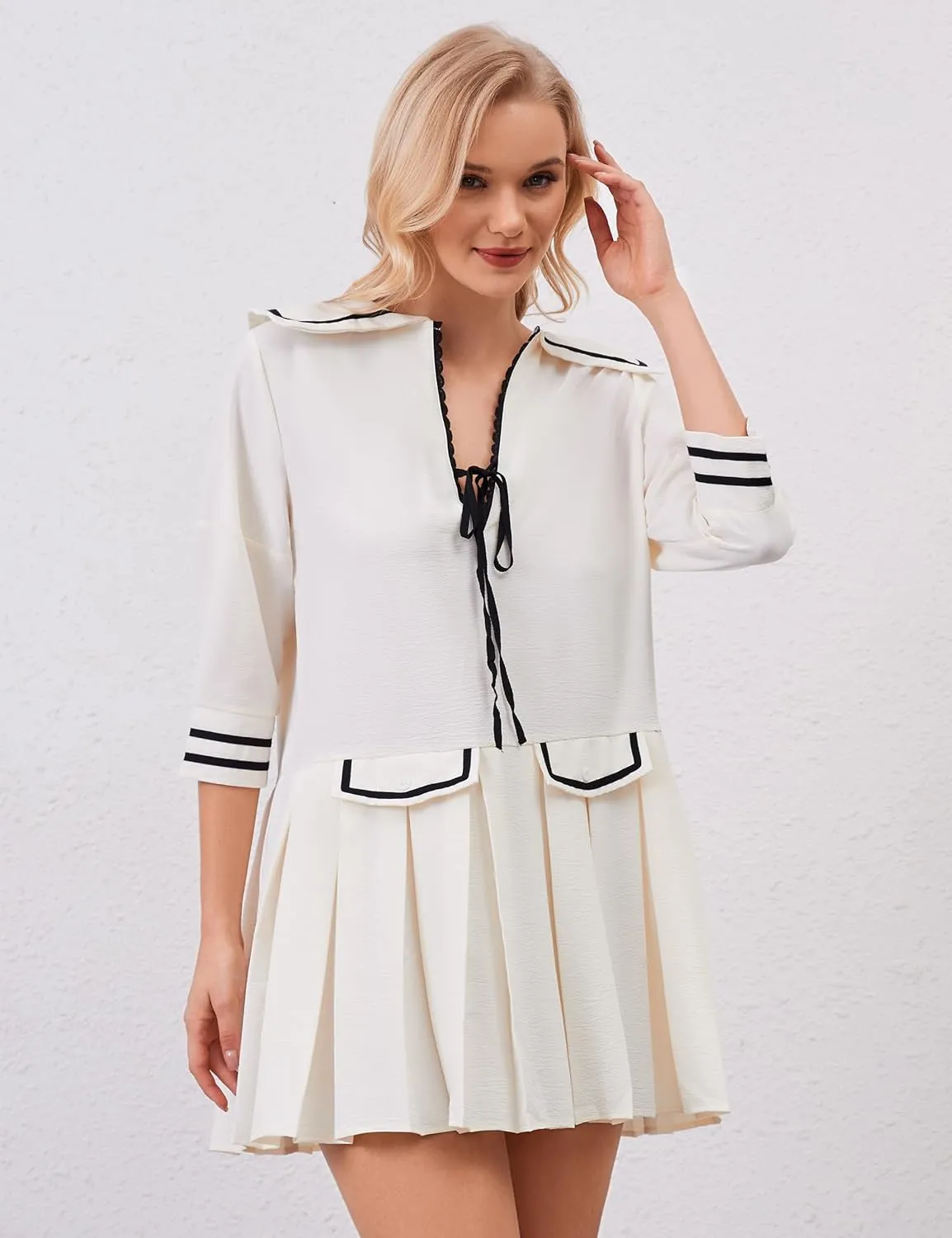 Women Cute Pleated V Neck Mini Dress Summer Casual Loose Binding 3/4 Sleeve Short Dress Girls Babydoll A line Sundress