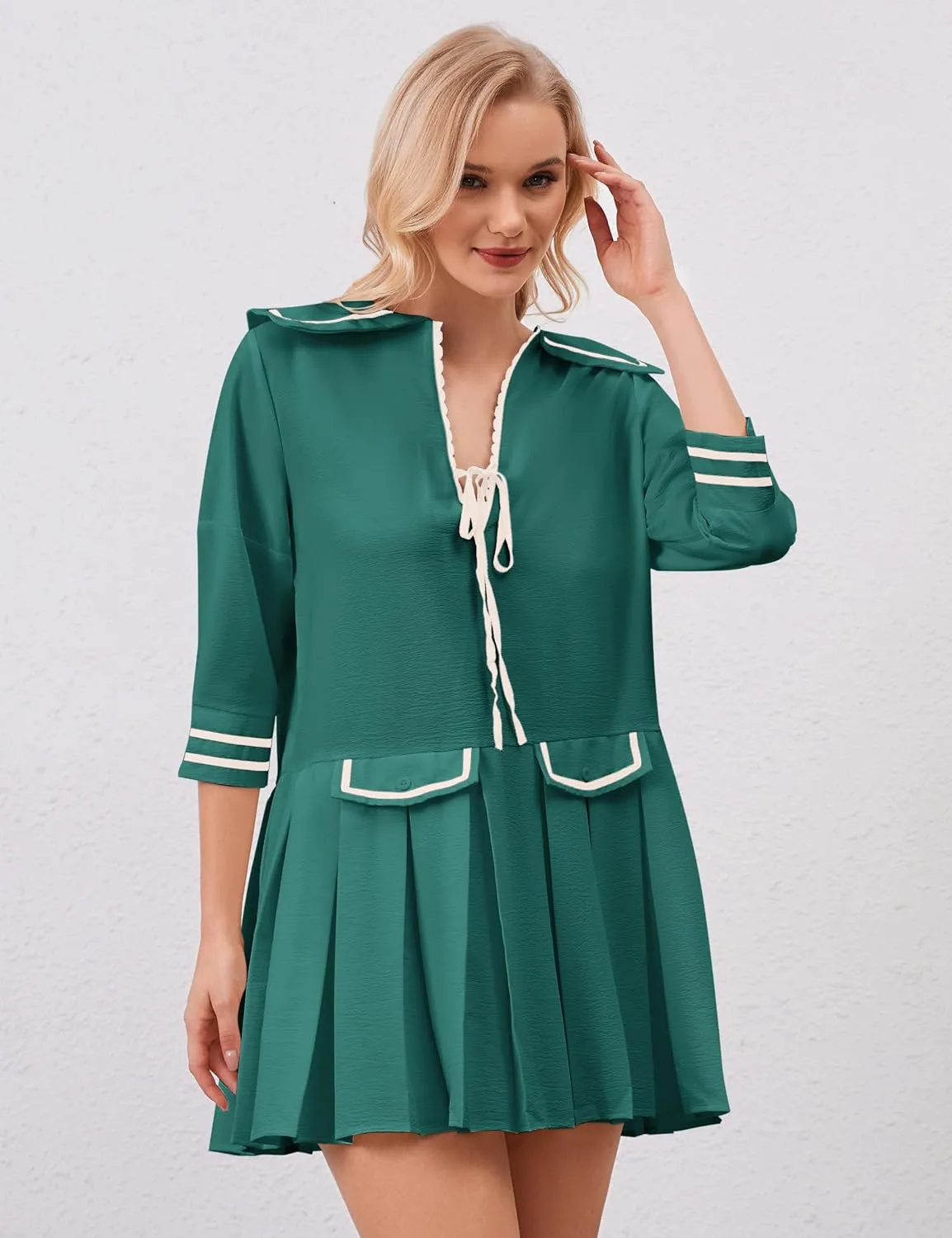 Women Cute Pleated V Neck Mini Dress Summer Casual Loose Binding 3/4 Sleeve Short Dress Girls Babydoll A line Sundress
