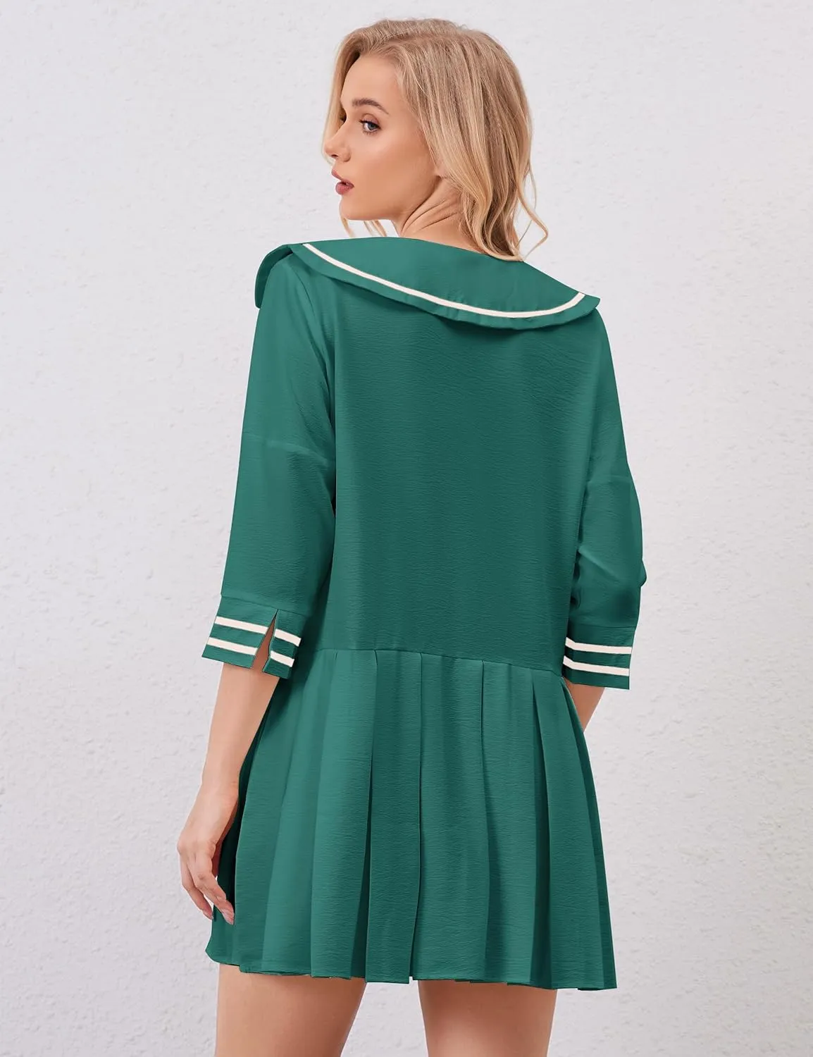 Women Cute Pleated V Neck Mini Dress Summer Casual Loose Binding 3/4 Sleeve Short Dress Girls Babydoll A line Sundress