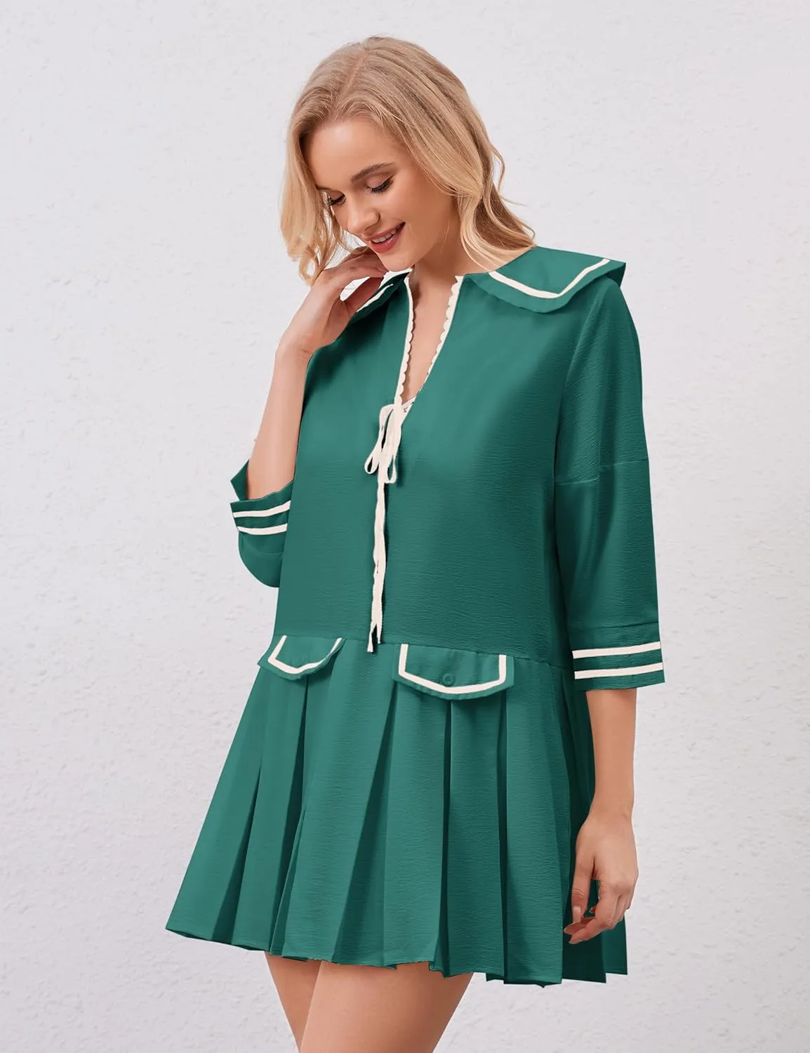 Women Cute Pleated V Neck Mini Dress Summer Casual Loose Binding 3/4 Sleeve Short Dress Girls Babydoll A line Sundress