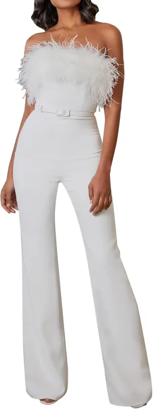 Women Elegant Feather Tube Top Off Shoulder Belted Wide Leg Jumpsuit Romper Straight Long Pants Dressy Party Clubwear