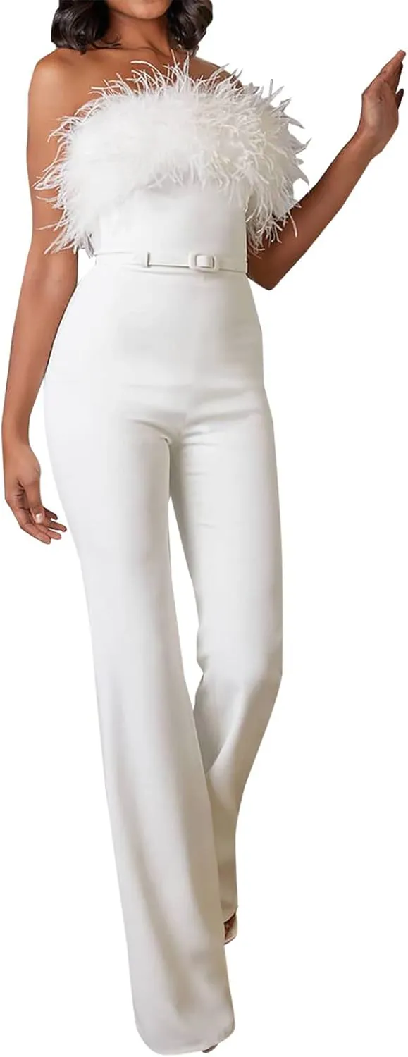 Women Elegant Feather Tube Top Off Shoulder Belted Wide Leg Jumpsuit Romper Straight Long Pants Dressy Party Clubwear