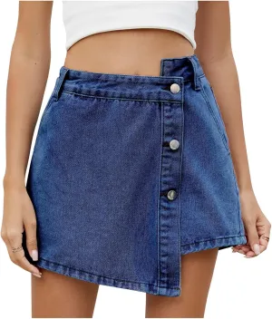 Women High Waisted Wrap Denim Shorts Casual Y2k Mini Skirt with Built in Shorts Crossover Waist Asymmetrical Jean Skort