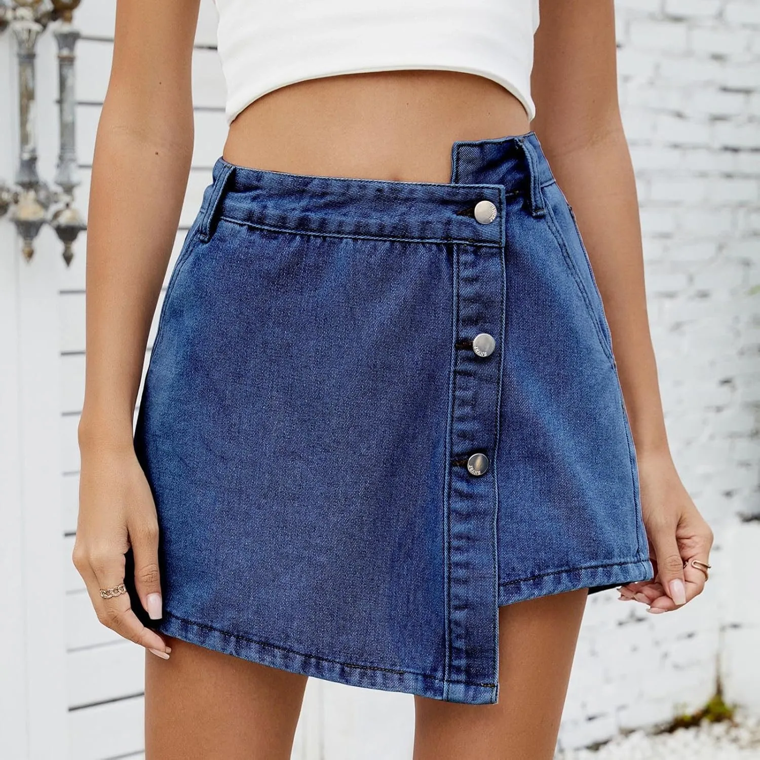 Women High Waisted Wrap Denim Shorts Casual Y2k Mini Skirt with Built in Shorts Crossover Waist Asymmetrical Jean Skort