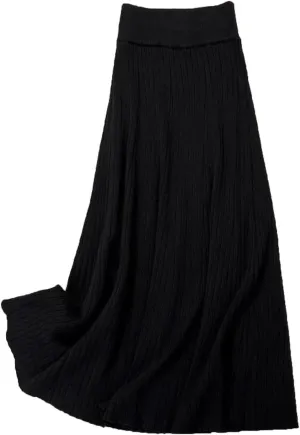 Women Knitted Midi Skirts Fashion Pleated Skirt Fall Winter Ladies Korean High Waist Slim A Line Skirt