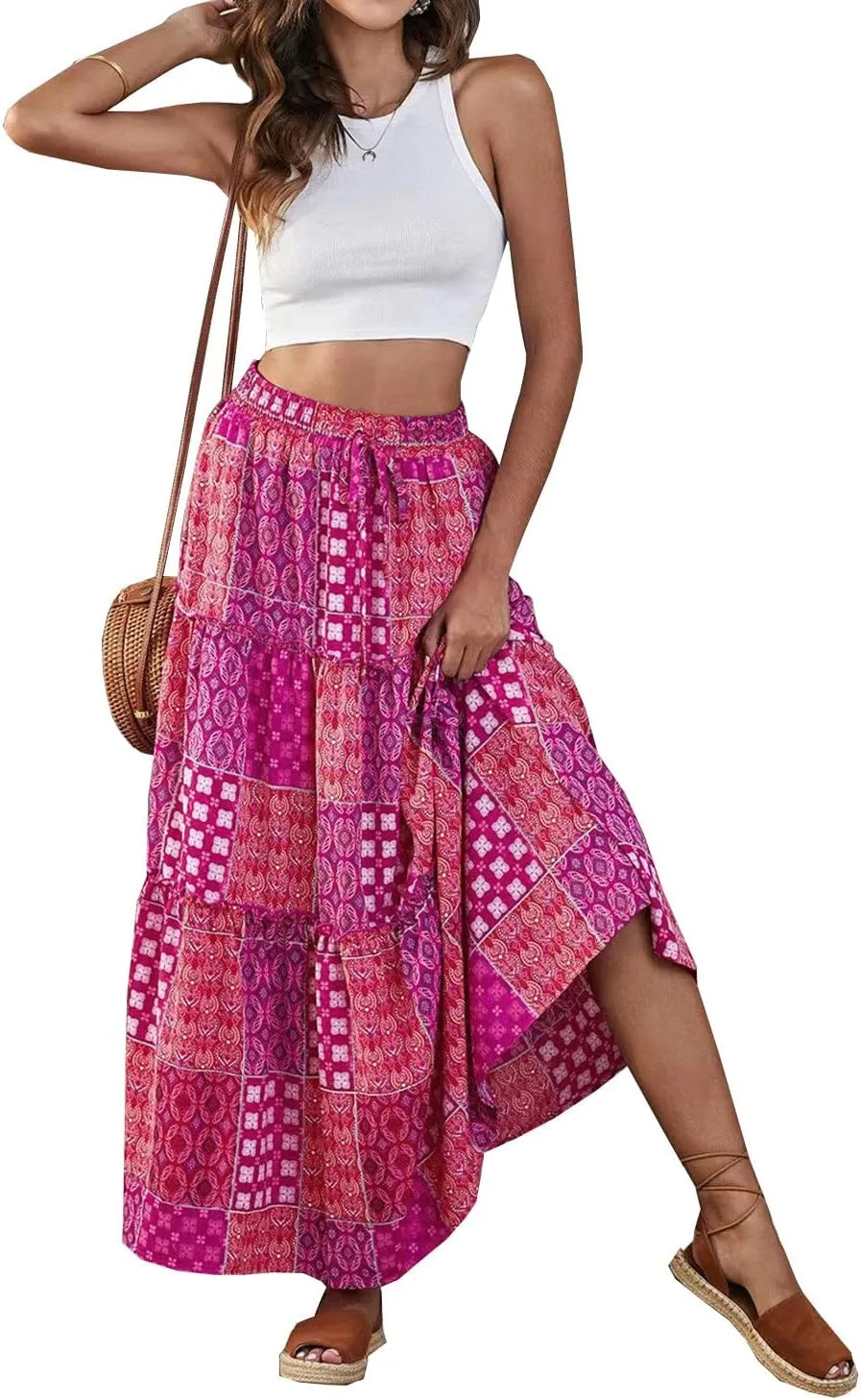 Women Maxi Skirt Casual High Elastic Waisted A Line Pleated Flowy Ruffle Tiered Boho Floral Bohemian Long Skirt