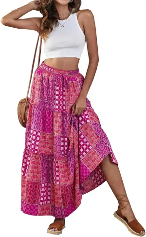 Women Maxi Skirt Casual High Elastic Waisted A Line Pleated Flowy Ruffle Tiered Boho Floral Bohemian Long Skirt