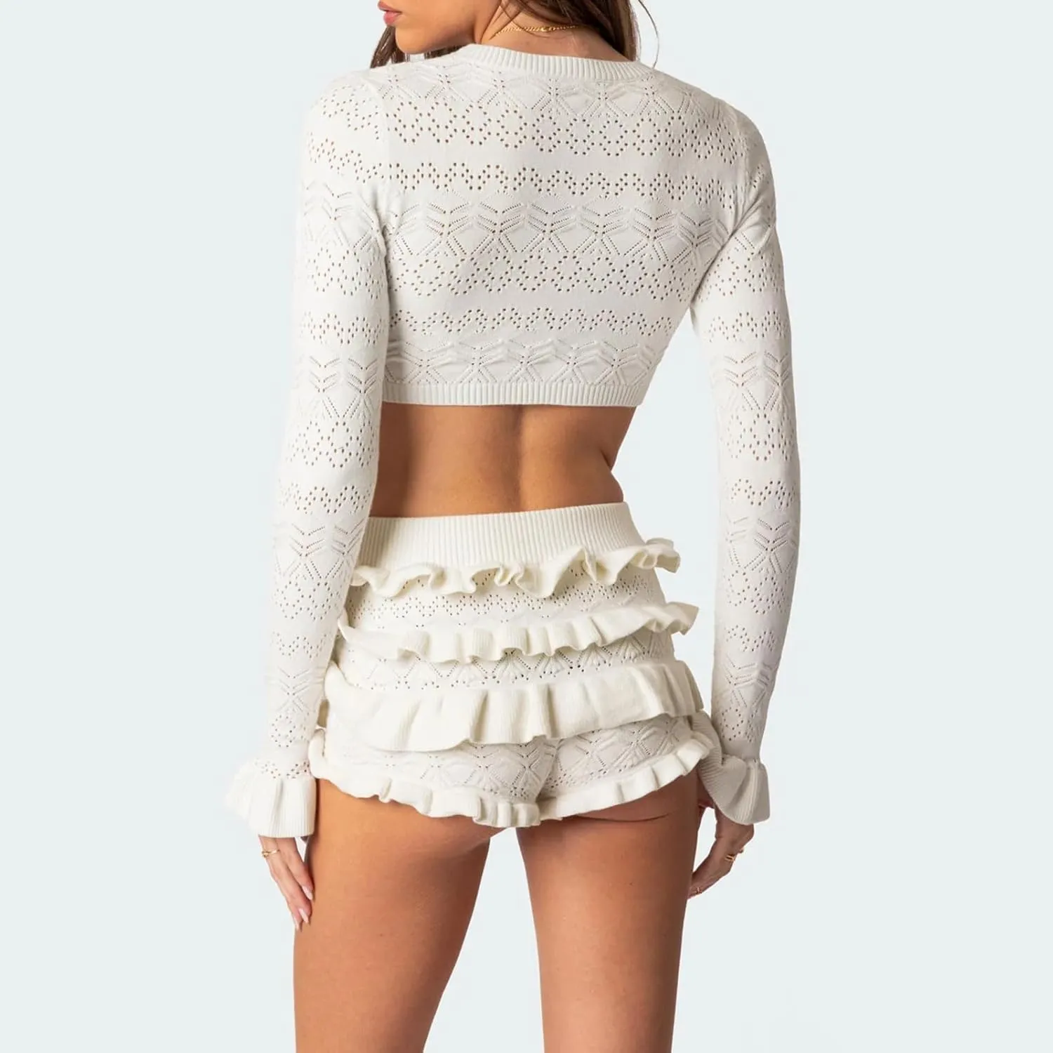 Women Ruffle Shorts Set Knitted 2 Piece Pj Outfits Long Sleeve Crop Top Layered Shorts Matching Tracksuit Loungewear