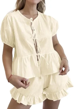 Women Ruffle Shorts Sets Summer 2 Piece Sets Short Sleeve Tie Front Top and Shorts Cotton Pajamas Set