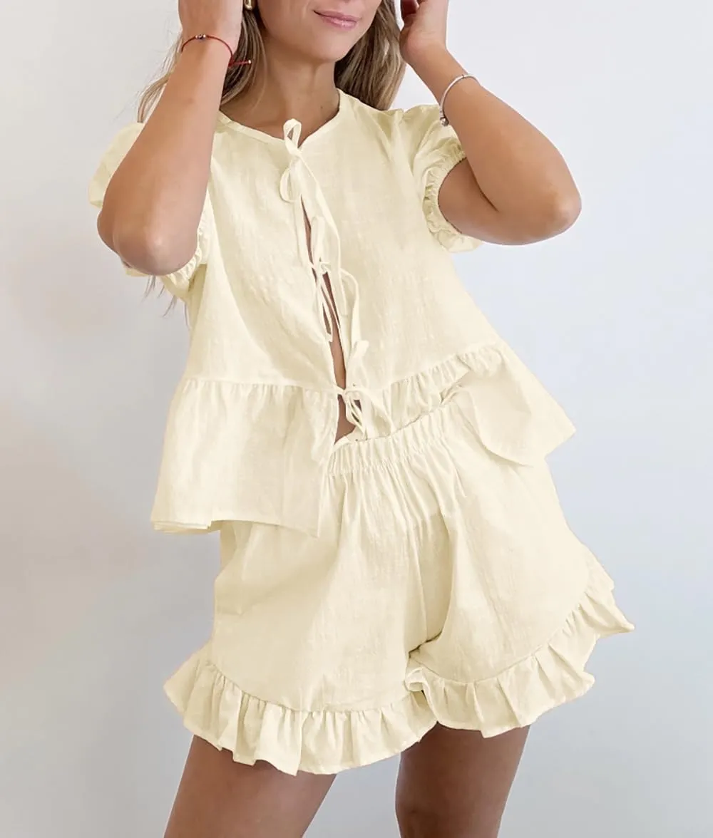 Women Ruffle Shorts Sets Summer 2 Piece Sets Short Sleeve Tie Front Top and Shorts Cotton Pajamas Set