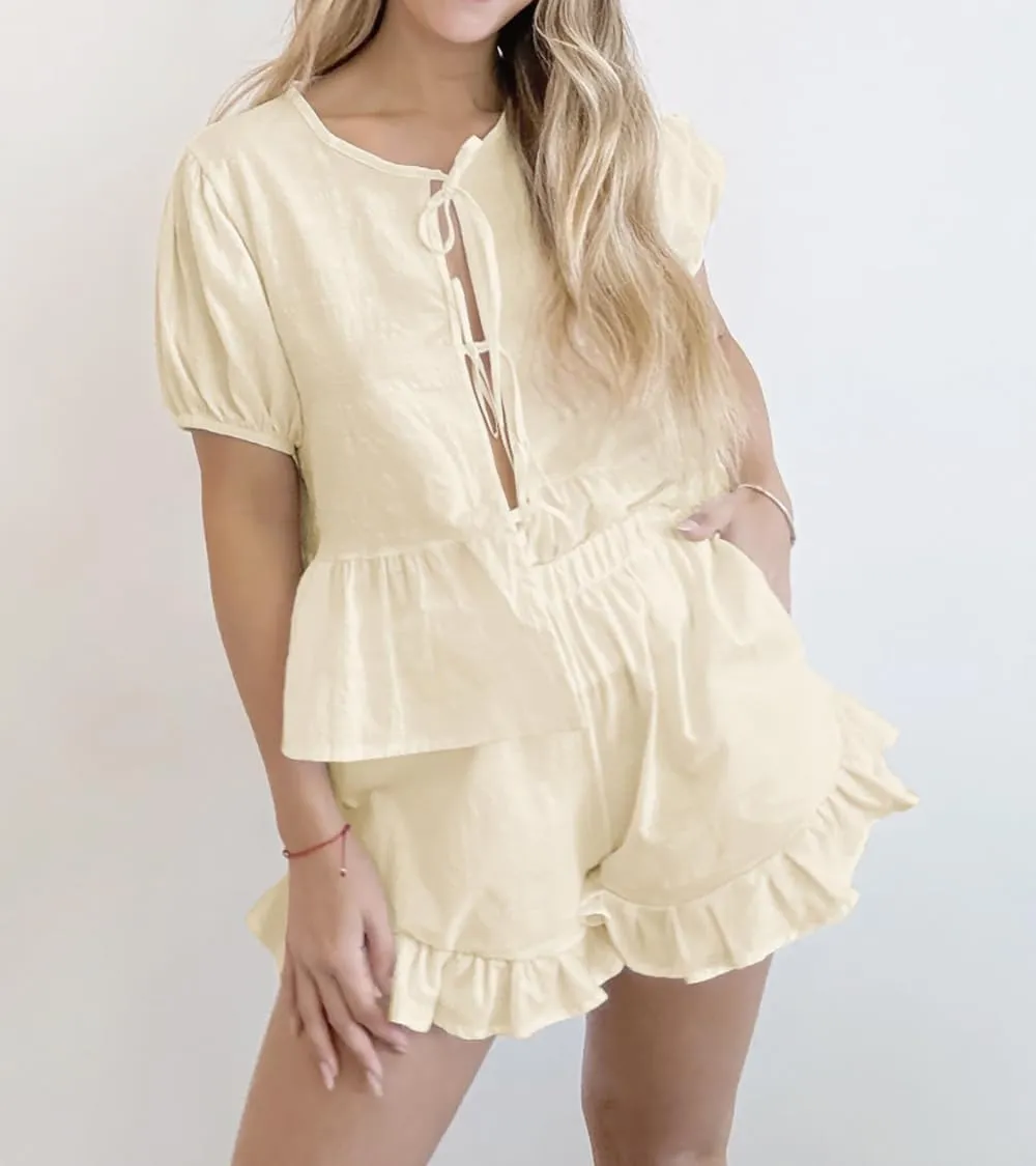 Women Ruffle Shorts Sets Summer 2 Piece Sets Short Sleeve Tie Front Top and Shorts Cotton Pajamas Set