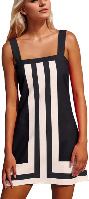 Women Striped Mini Dress Color Block Summer Square Neck Short Dress Sleeveless Backless Beach Cover Up Dress