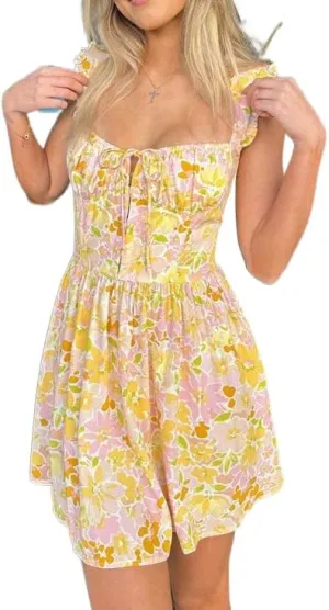 Women Summer Floral Swing Mini Dress Tie Front Square Neck Backless Dress Ruffle Flowy Short Beach Sundress