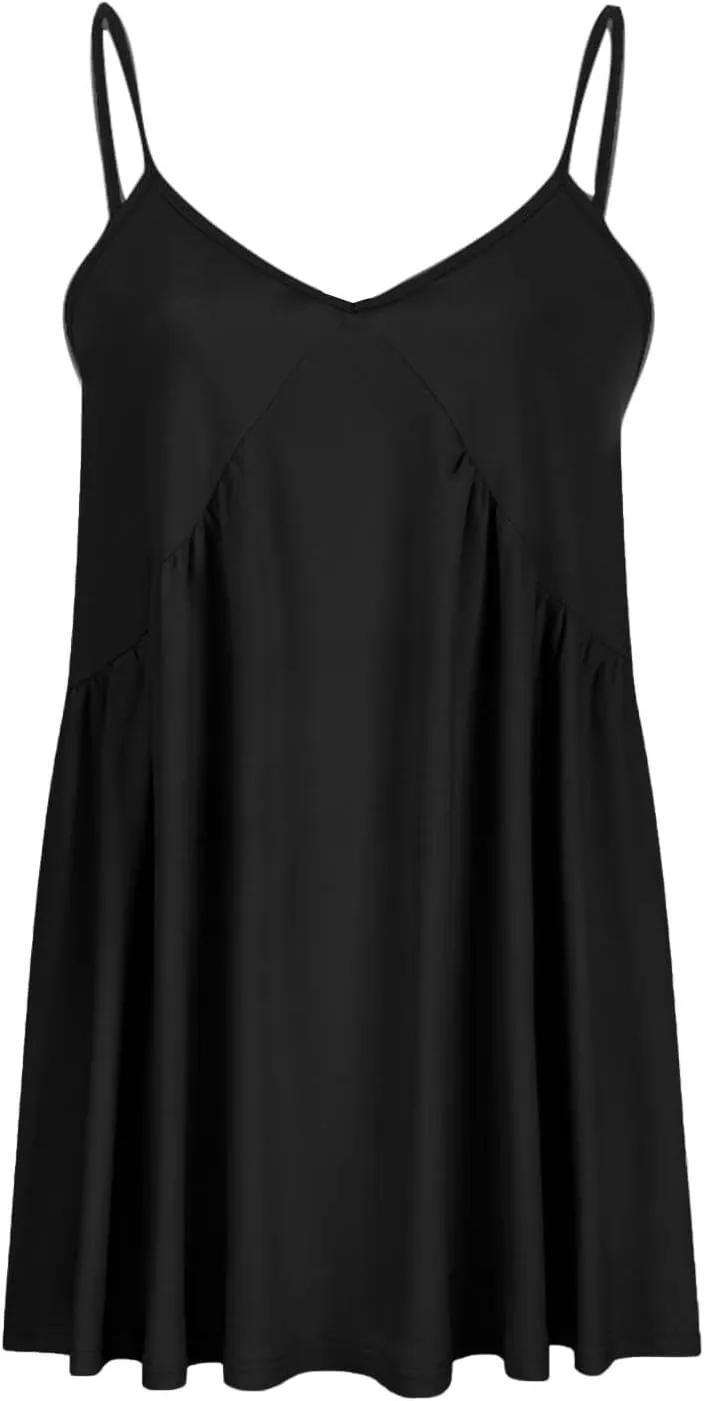 Women Summer Sleeveless Lace Trim V Neck A-Line Sun Dresses Loose Fit Swing Solid Tanks Dress Casual Holiday Dress