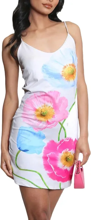 Women Y2k Floral Mini Dress Backleess Spaghetti Strap Bodycon Dress Summer Boho Beach Vacation Sundress