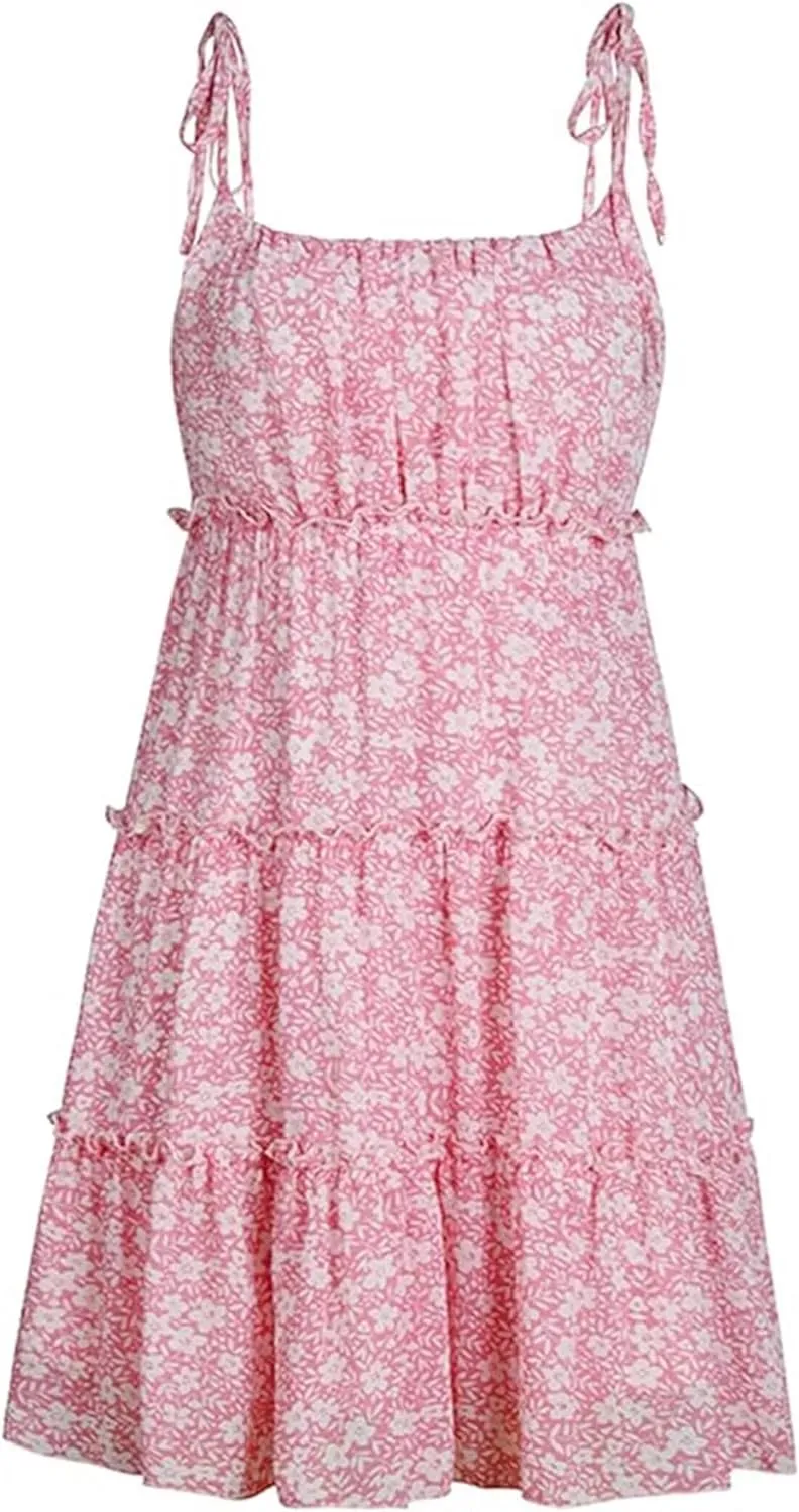 Womens 2024 Summer Floral Mini Dress Boho Flowy Skater Sundresses Short Sleeveless Ruffle Spaghetti Strap Dresses