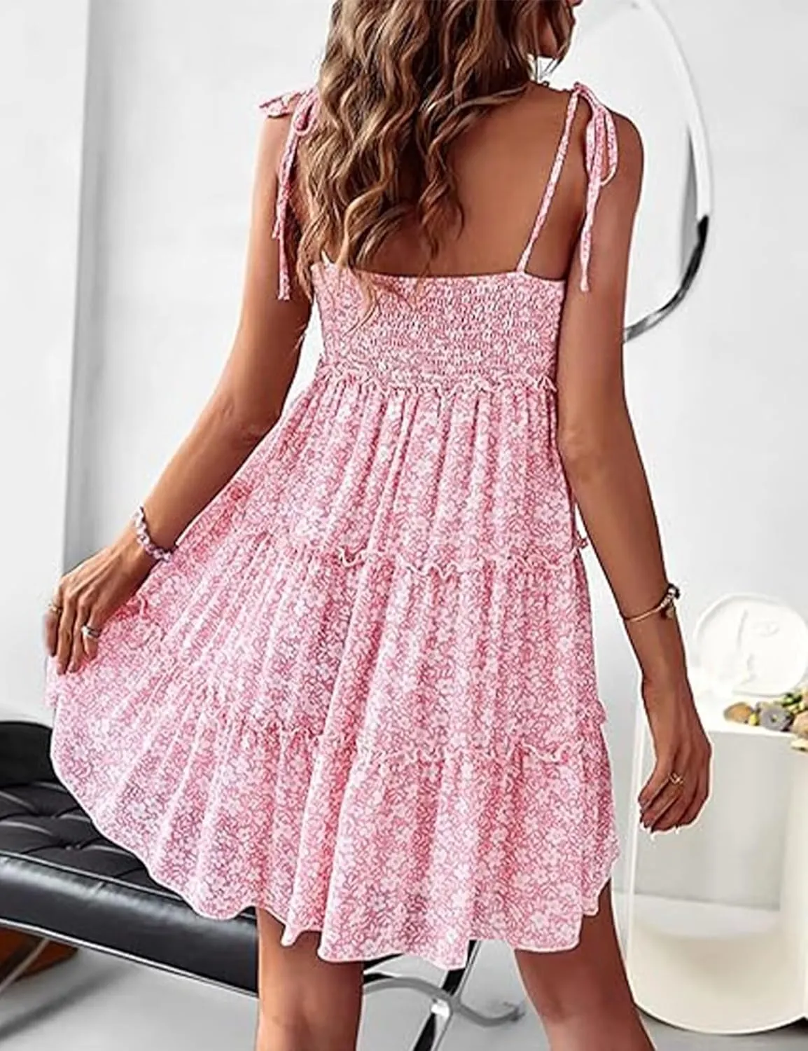 Womens 2024 Summer Floral Mini Dress Boho Flowy Skater Sundresses Short Sleeveless Ruffle Spaghetti Strap Dresses