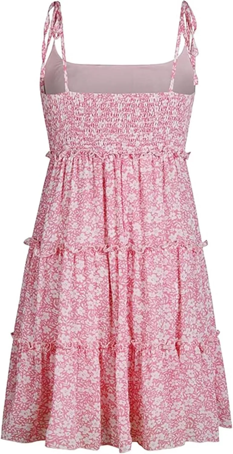Womens 2024 Summer Floral Mini Dress Boho Flowy Skater Sundresses Short Sleeveless Ruffle Spaghetti Strap Dresses