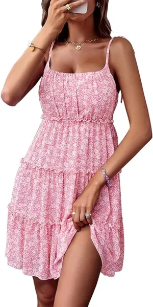 Womens 2024 Summer Floral Mini Dress Boho Flowy Skater Sundresses Short Sleeveless Ruffle Spaghetti Strap Dresses