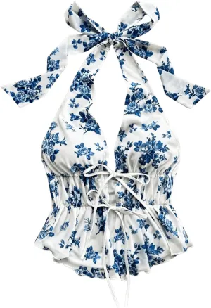 Women's Boho Floral Print Halter Top Y2k Sleeveless Backless Bow Knot Ruffle Tank Tops