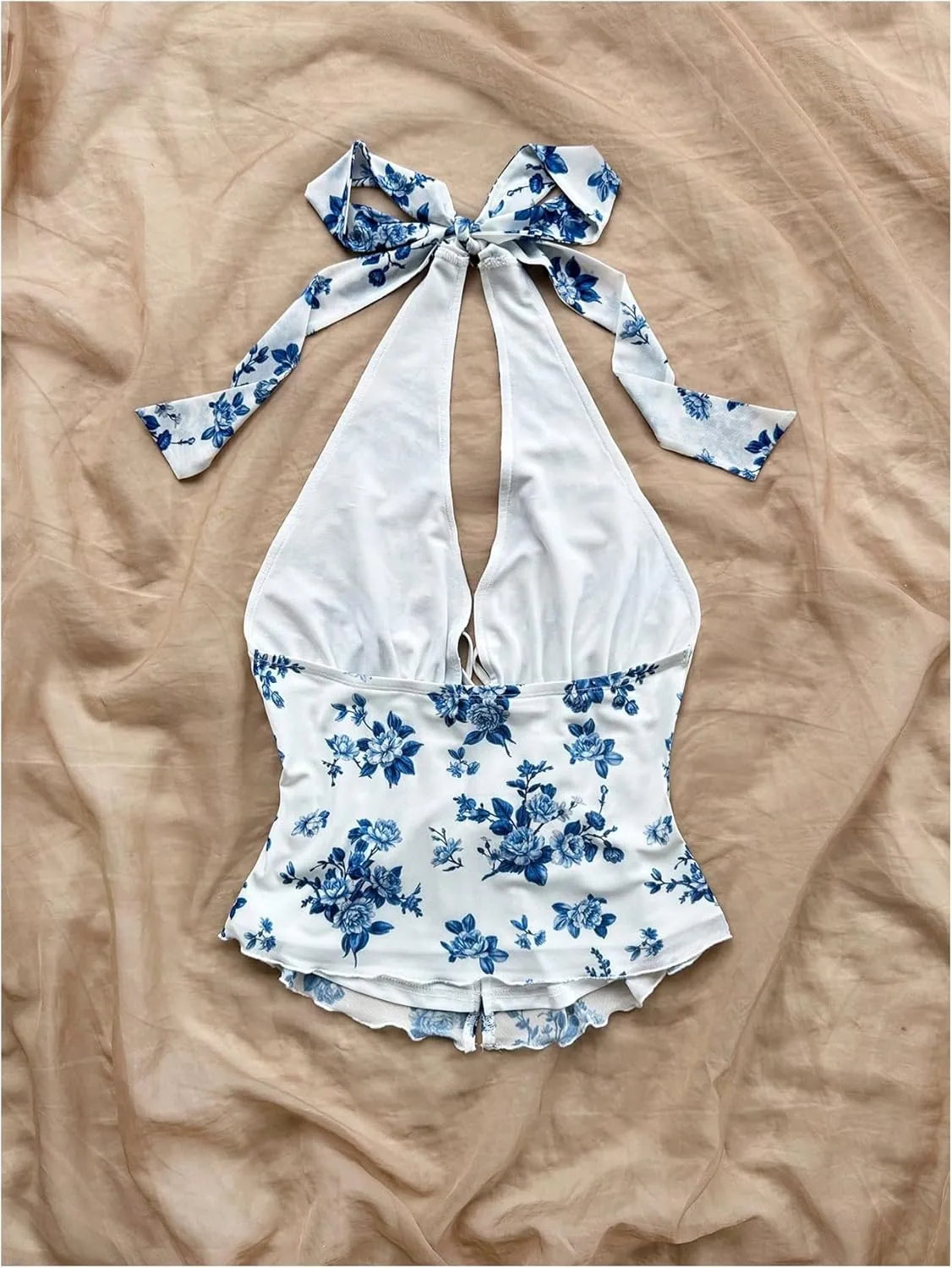 Women's Boho Floral Print Halter Top Y2k Sleeveless Backless Bow Knot Ruffle Tank Tops