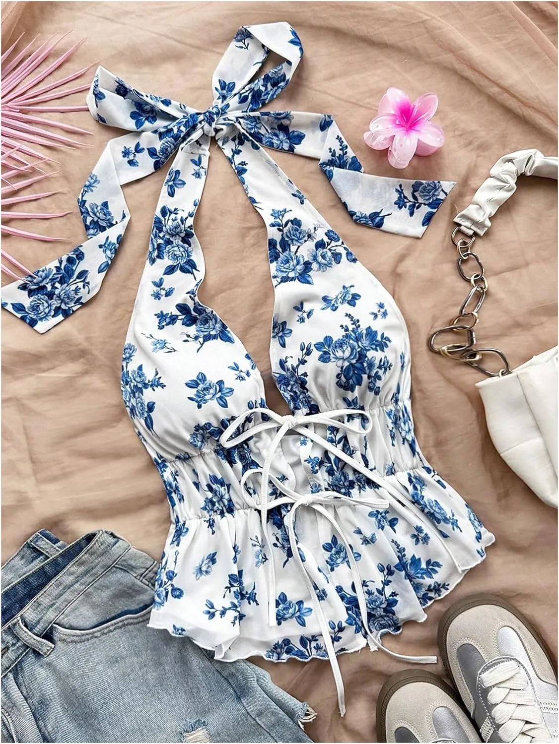 Women's Boho Floral Print Halter Top Y2k Sleeveless Backless Bow Knot Ruffle Tank Tops