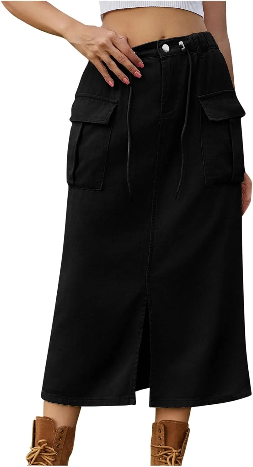 Women's Casual Button Jean Skirt High Waist Stretch Long Denim Skirts Front Slit Elastic Flap Pockets Midi Skirts
