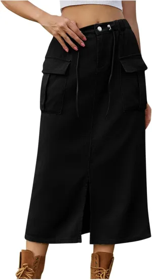 Women's Casual Button Jean Skirt High Waist Stretch Long Denim Skirts Front Slit Elastic Flap Pockets Midi Skirts