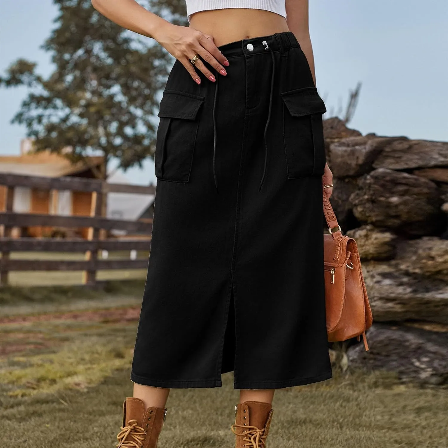 Women's Casual Button Jean Skirt High Waist Stretch Long Denim Skirts Front Slit Elastic Flap Pockets Midi Skirts