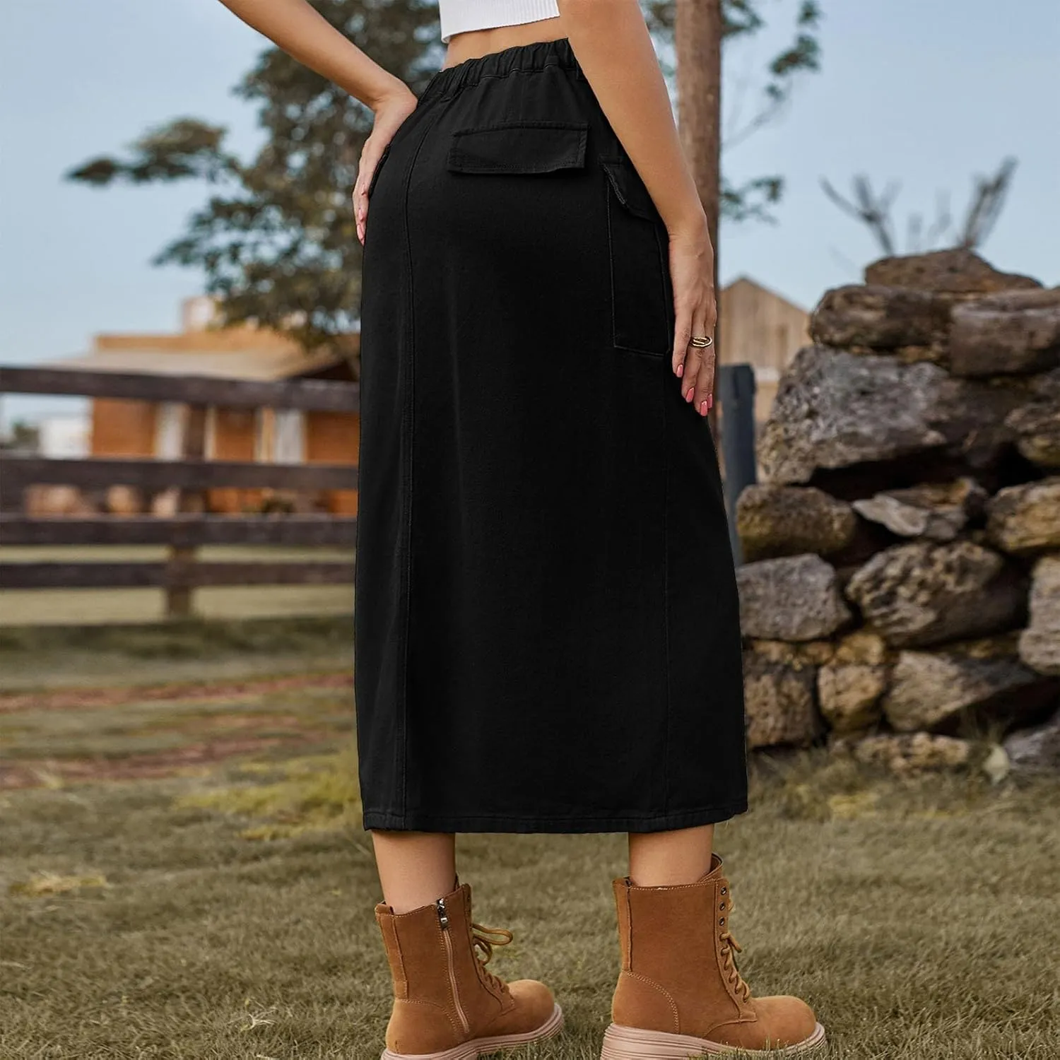 Women's Casual Button Jean Skirt High Waist Stretch Long Denim Skirts Front Slit Elastic Flap Pockets Midi Skirts