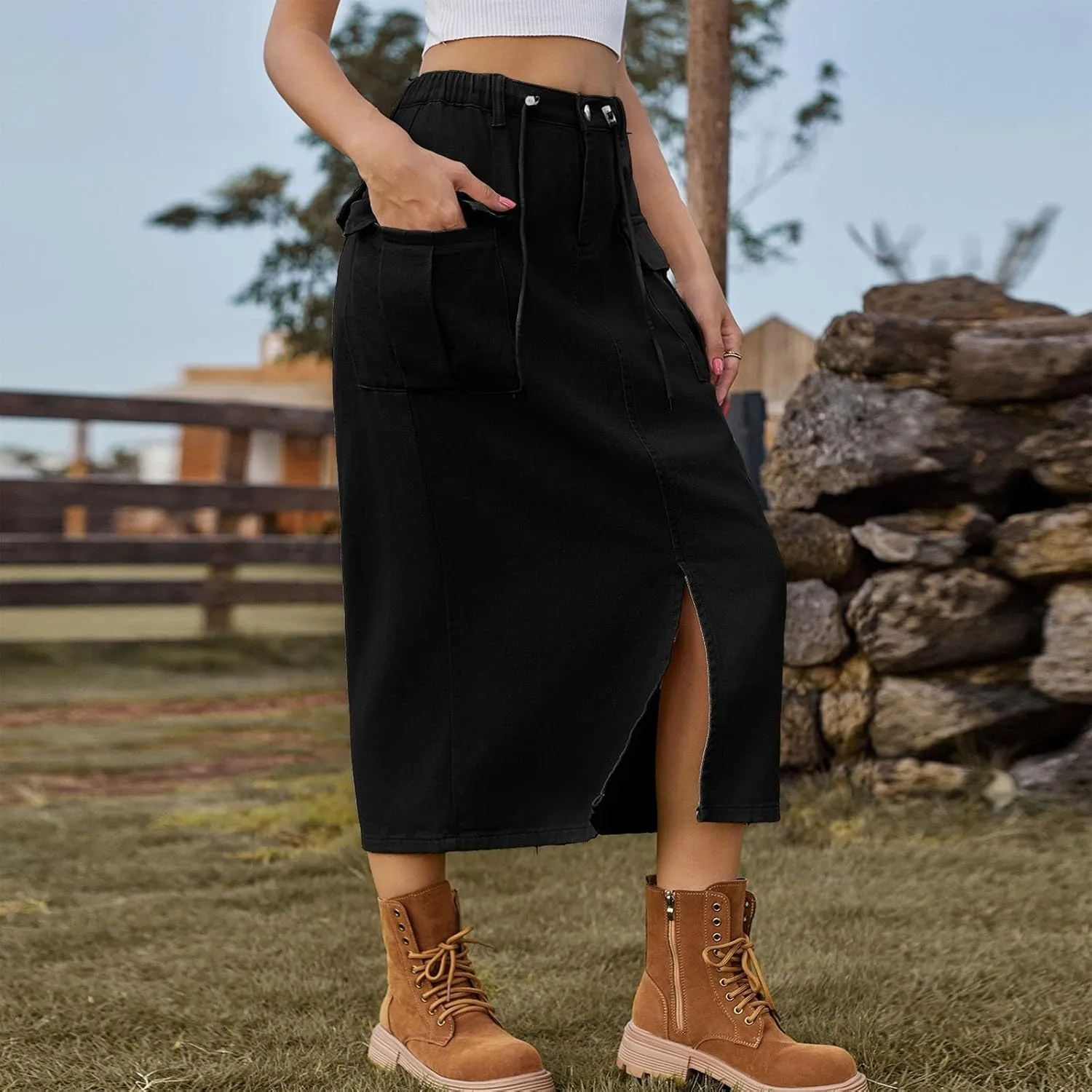 Women's Casual Button Jean Skirt High Waist Stretch Long Denim Skirts Front Slit Elastic Flap Pockets Midi Skirts