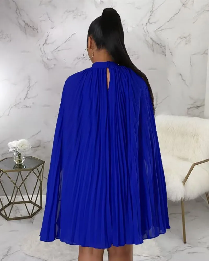 Womens Casual Cape Sleeve Pleated Split Short Dress Loose Fit Cocktail Party Flowy Dress