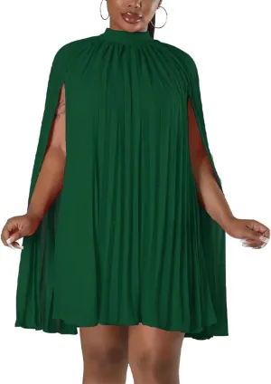 Womens Casual Cape Sleeve Pleated Split Short Dress Loose Fit Cocktail Party Flowy Dress