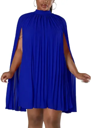 Womens Casual Cape Sleeve Pleated Split Short Dress Loose Fit Cocktail Party Flowy Dress
