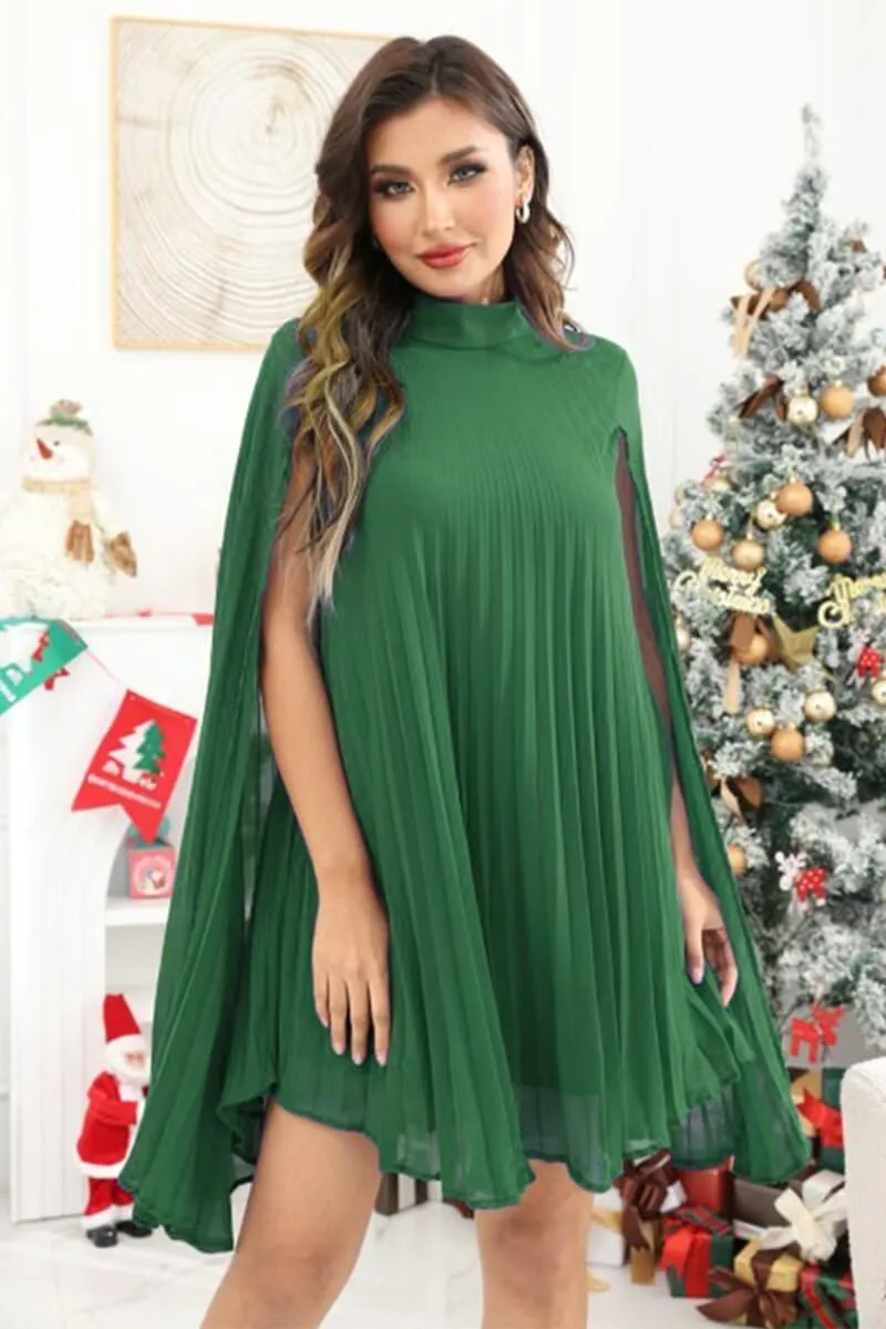 Womens Casual Cape Sleeve Pleated Split Short Dress Loose Fit Cocktail Party Flowy Dress