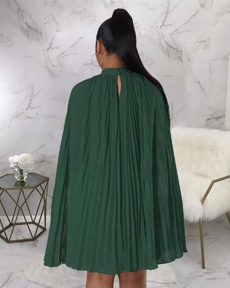 Womens Casual Cape Sleeve Pleated Split Short Dress Loose Fit Cocktail Party Flowy Dress