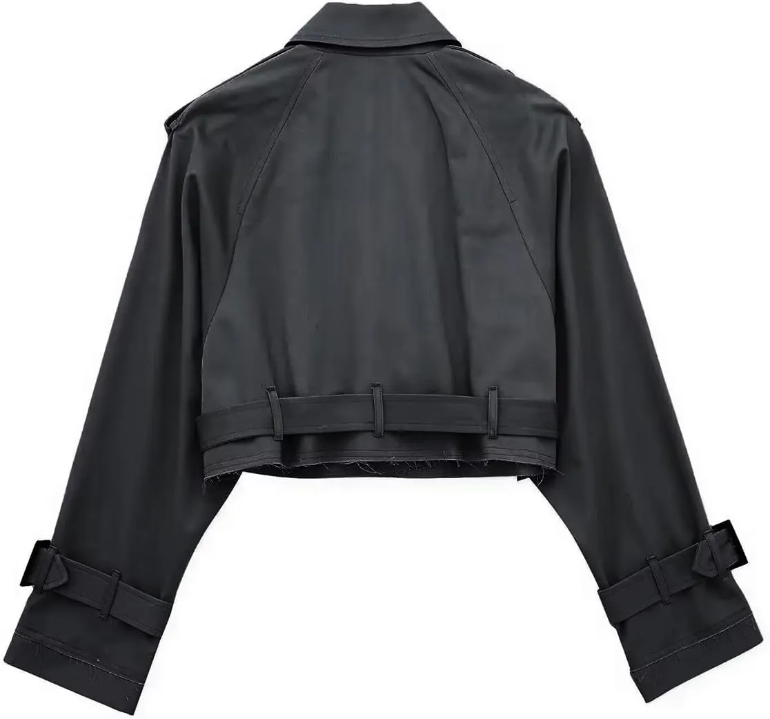 Women's Casual Multicolour Cropped Trench Fashion Coat Lapel Jacket Outwear With Belt