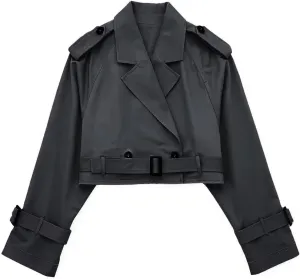 Women's Casual Multicolour Cropped Trench Fashion Coat Lapel Jacket Outwear With Belt