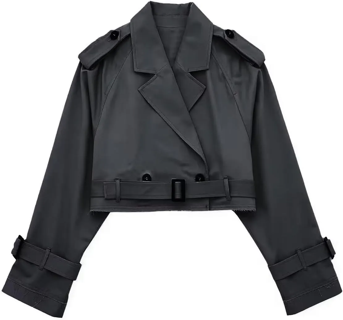 Women's Casual Multicolour Cropped Trench Fashion Coat Lapel Jacket Outwear With Belt