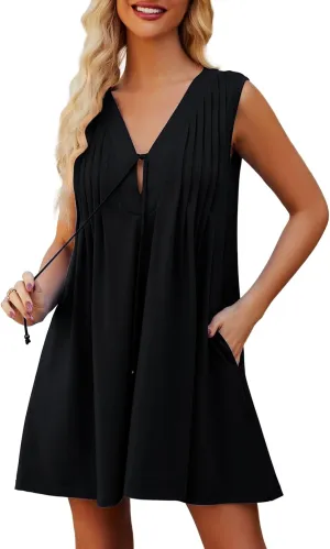 Womens Casual Summer Dresses V Neck Sleeveless Tank Dress with Pockets Pleated Flowy Mini Sundress 2025