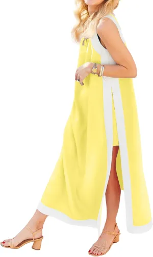 Womens Color Block Maxi Dress 2 Piece Matching Shorts Sets Summer Bohemian Sleeveless Long Dresses with Pockets