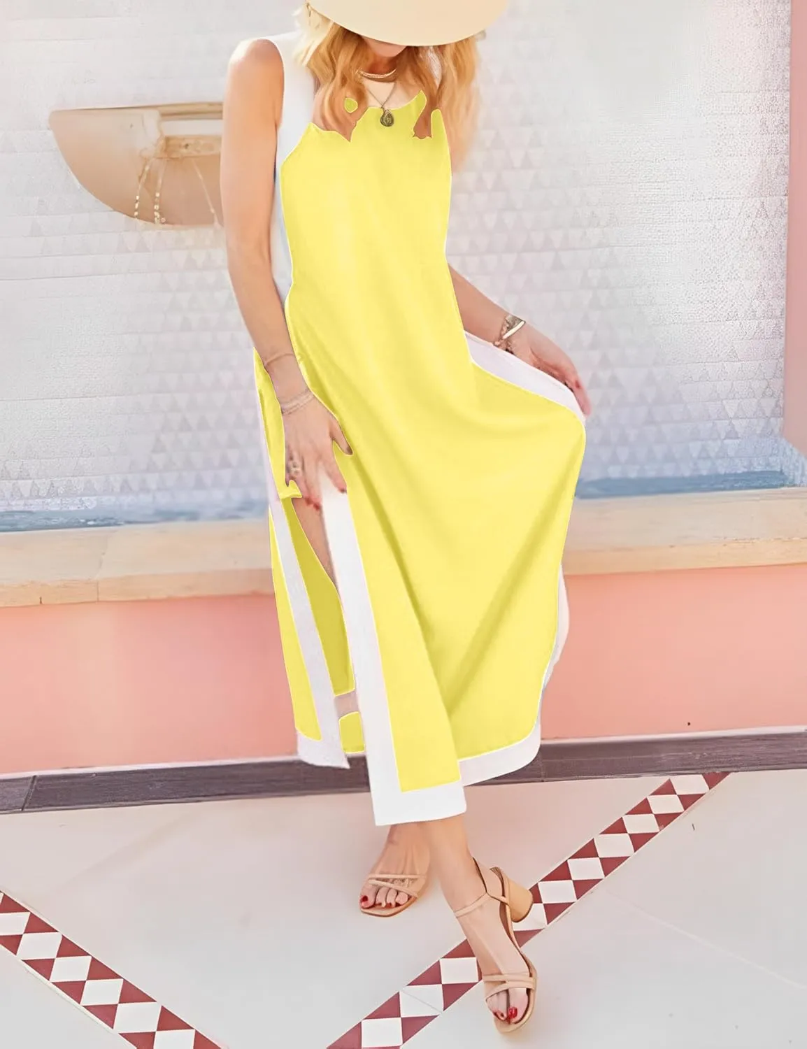Womens Color Block Maxi Dress 2 Piece Matching Shorts Sets Summer Bohemian Sleeveless Long Dresses with Pockets