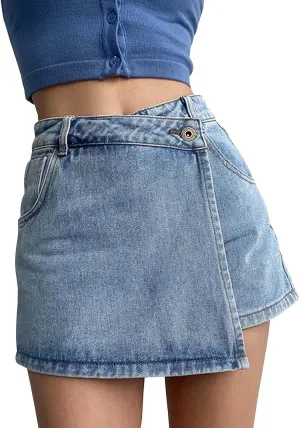 Women's Crossover Jean Skorts Stretch High Waisted Trendy Vintage Denim Skorts Summer Wrap Overlay Irregular Stretchy Shorts